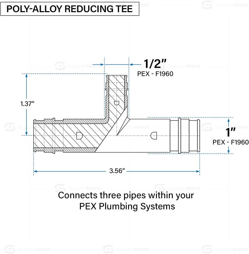 Supply Giant Poly Pex-A Expansion Tee Fitting 1" x 1" x 1/2", F1960 Tee 1 Inch x 1 Inch x 1/2 Inch Expansion Barb Connections, Plastic Pipe Fitting for use with Pex-A Tubing (Pack of 5) - Image 3